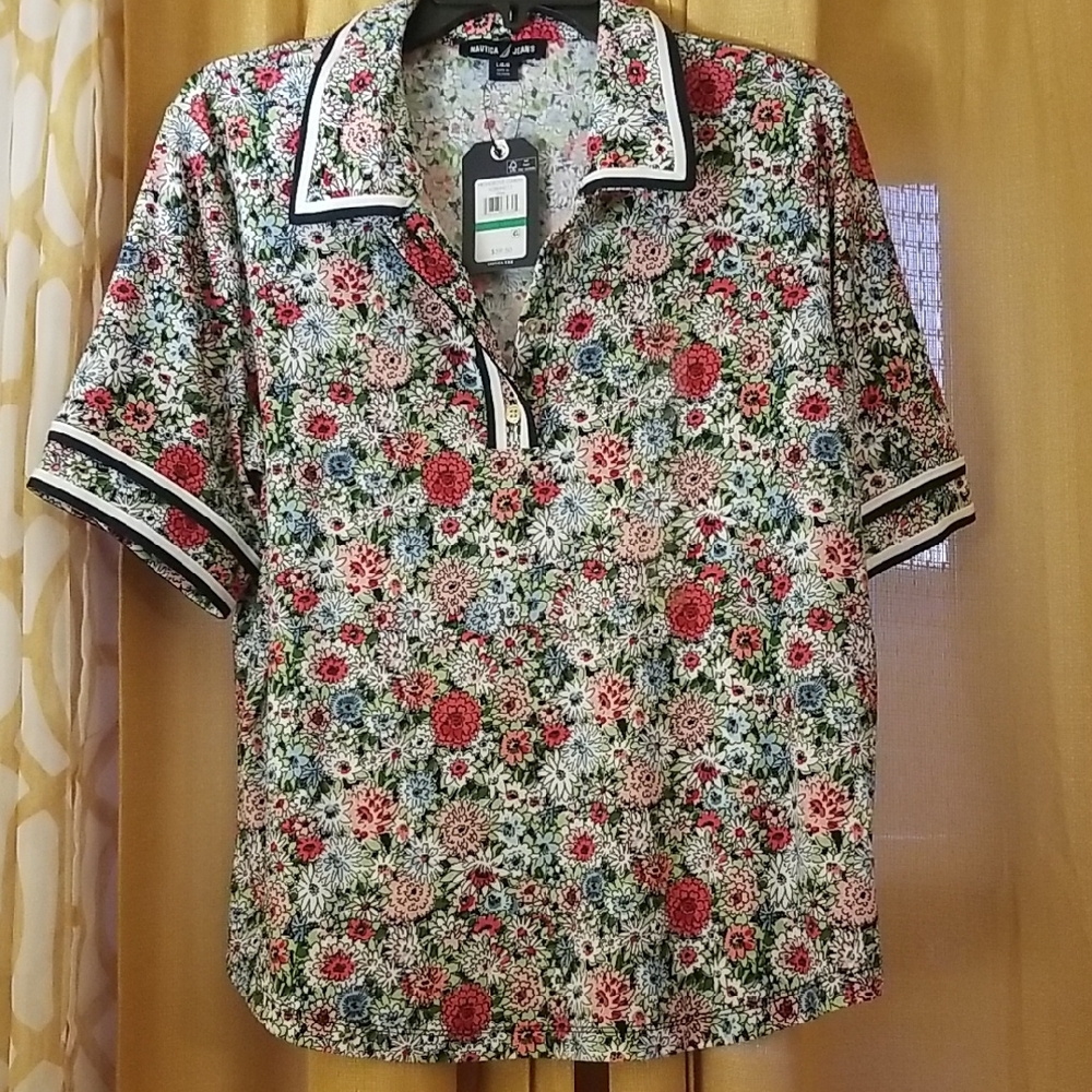 Nautica Floral Print Shirt with Blue and White Accents Trim